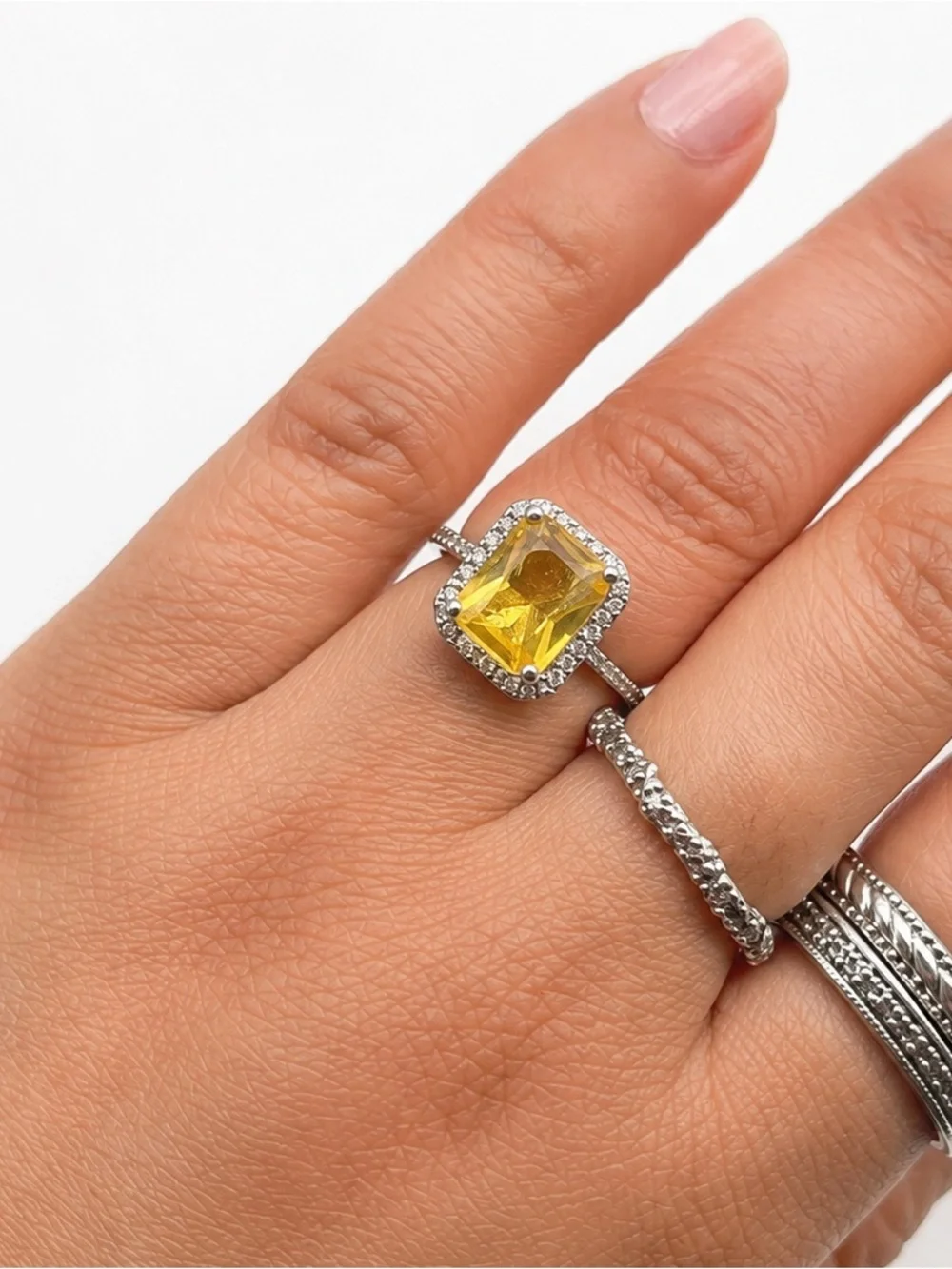 925 Sterling Silver Yellow CZ Halo Ring Emerald Cut Citrine Colored CZ size 5.5